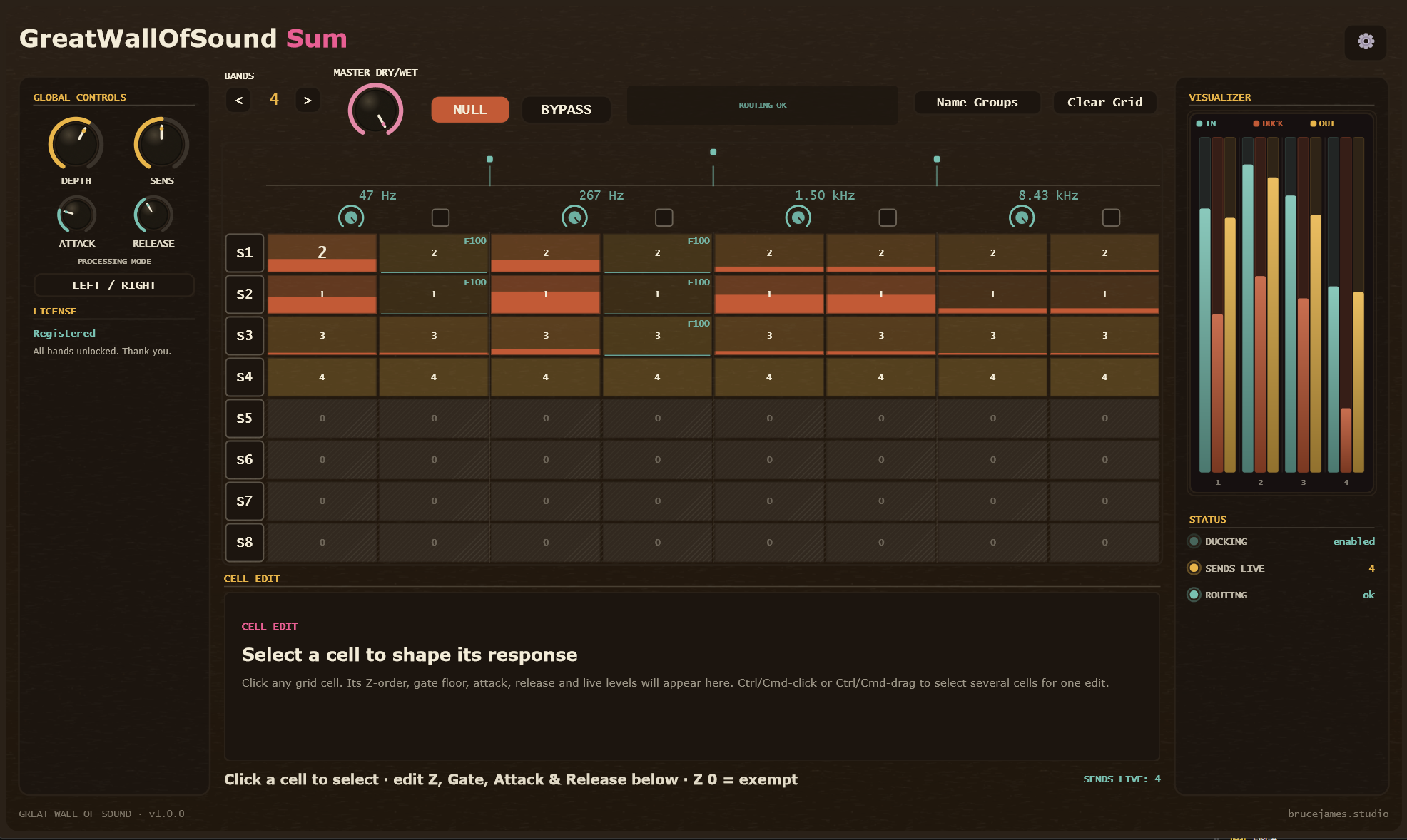 GreatWallOfSound Sum plugin interface with an eight-track spectral priority grid, crossover handles, and live ducking meters