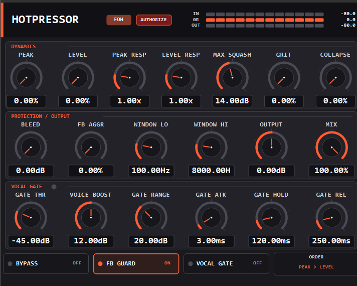 HotPressor AAX DSP plug-in on Avid VENUE, showing dynamics, protection and vocal gate rows